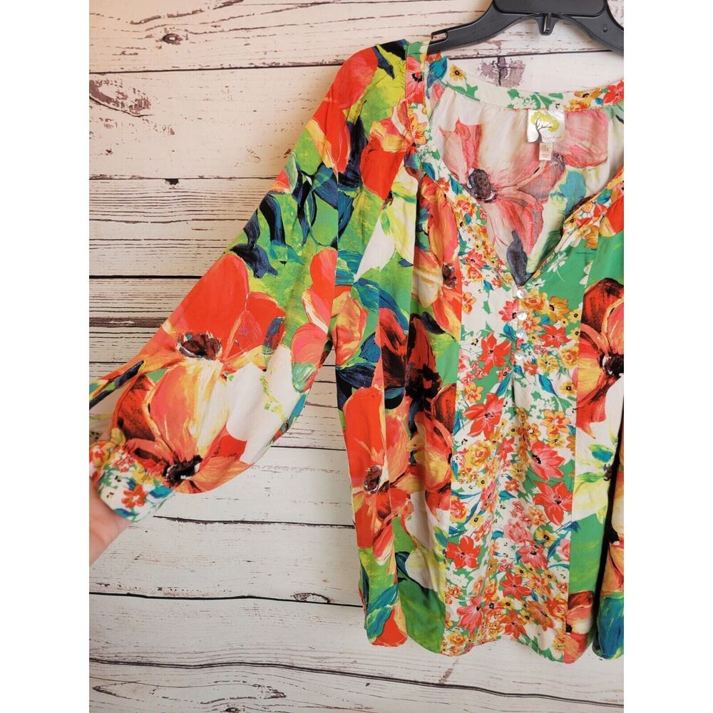 Fig & Flower Shell buttons Orange Green Floral Long Sleeve Top Women's Sz 3X - Picture 6 of 10